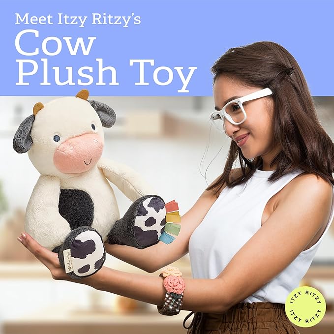 Itzy Ritzy Snuggles Plush Toy – Soft Stuffed Animal for Babies, Kids & Adults – Sensory Ribbons & Textured Fabrics for Tactile Play – Cozy & Cuddly Companion for Newborns & Up (Cow)