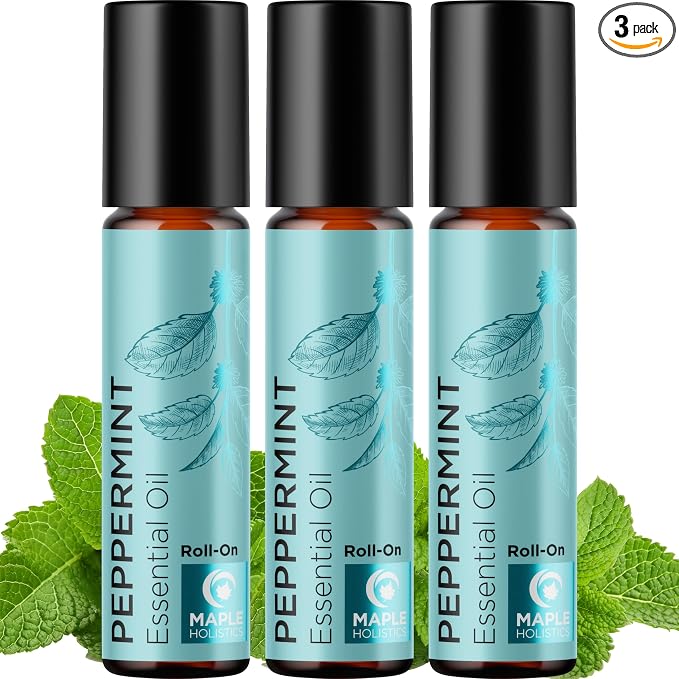 Peppermint Oil Roll on - Pure Peppermint Rollerball Essential Oil Aromatherapy Stick for Headaches - Natural Travel Essential and Pregnancy Must Have for Headaches Energy & Focus Support (3 Pack)