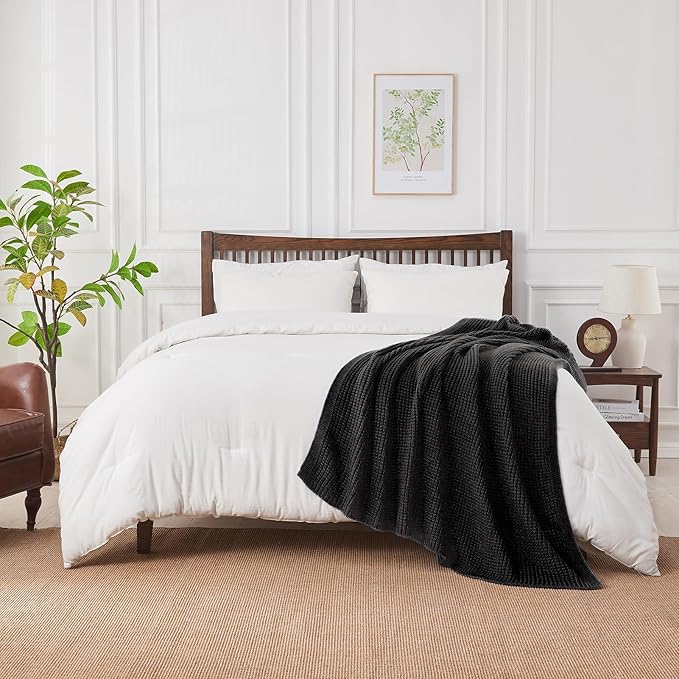 Douceur Black Throw Blanket for Couch, Soft Chunky Cable Knit Throw Blanket, Classic Fisherman's Rib Stitch Pattern Throw for Living Room Gift, 50"X60"