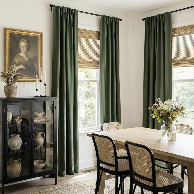 100% Blackout Shield Linen Blackout Curtains for Bedroom 108 Inches Long, Back Tab/Rod Pocket Living Room Drapes, Thermal Insulated Blackout Curtains 2 Panels Set, 50" W x 108" L, Moss Green