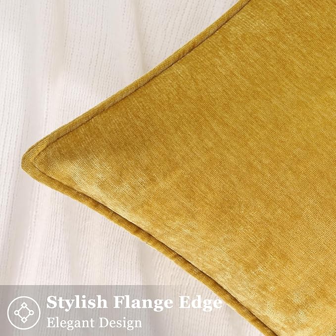 decorUhome Chenille Mineral Yellow Throw Pillow Covers 22x22 Set of 2 | Fall Soft Euro Sham Couch Decorative Modern Velvet Pillow Cases with Elegant Design for Sofa Bed Living Room Home Decor
