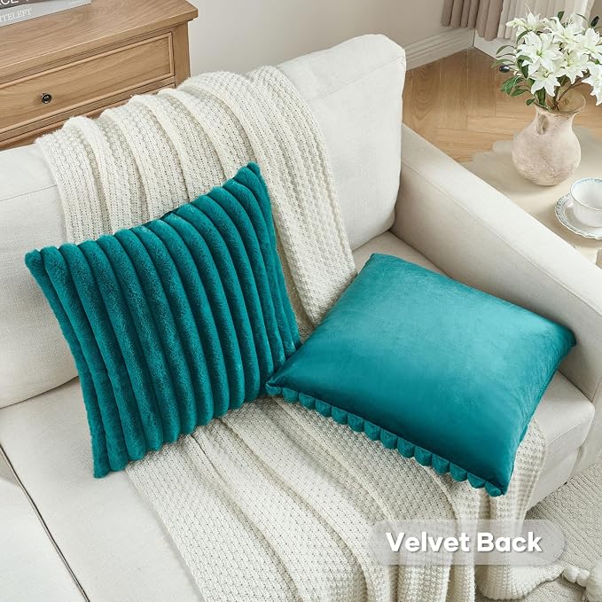 FUTEI Pack of 2 Faux Fur Throw Pillow Covers 22x22 Inch, Teal | Fluffy Faux Rabbit Fur Front/Premium Velvet Back,Hidden Zipper,Machine Washable,Non-Shedding,Colorfast,Insert Not Included.