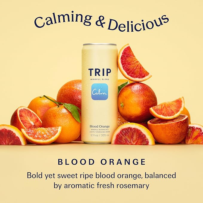 TRIP Lightly Sparkling Adaptogen Drink, Non Alcoholic Drink with Magnesium, Ashwagandha, Lions Mane & L Theanine, No Added Sugar Mocktail, Vegan, Blood Orange, 12 Oz, 12Pk