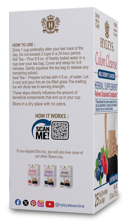 HYLEYS Colon Cleanse Tea, Wild Berry Flavor - 300 Individually Wrapped Herbal Tea Bags (12 Pack of 25) - Caffeine Free, Gluten Free & Vegan