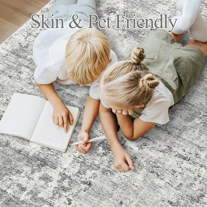 Soalmost Abstract Rug 8x10 Large Living Room Area Rugs Washable Gray/White | Modern Non-Slip Carpet for Dining Bedroom, Stain Resistant Foldable Thin Low Pile Floor Mat Under Table Home Office Decor
