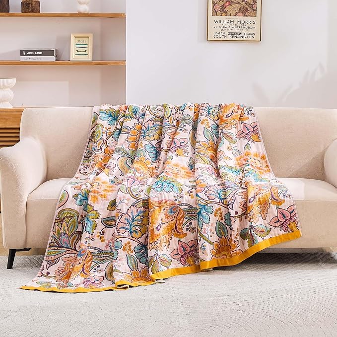 XIBLC Boho Throw Blanket for Bed, 100% Cotton Soft Rustic Quilt Fall Blanket, 60"x80" Floral Printed Farmhouse Decor Bed Blankets, All Season Rustic Reversible Bohemian Throw Quilt