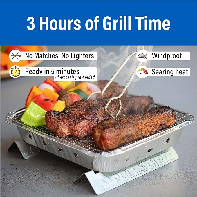Pull Start Fire Grill, Natural Hardwood Charcoal, Portable 3hr Burn, 2 Pack | Pull Start Matchless Ignition, Ready in 5 Mins, Clean Burn, No Lighter Fluid, Disposable, Tailgate, Camping, Beach, Backyard