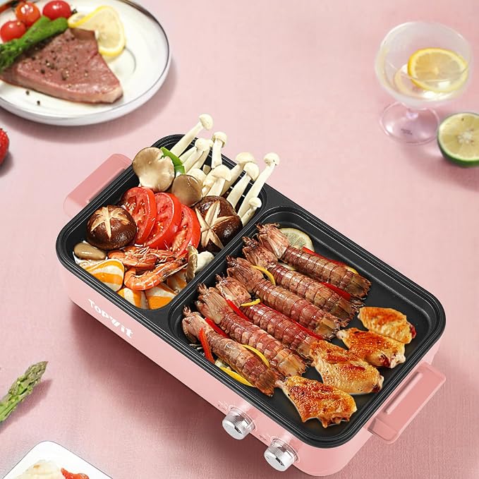 Topwit Hot Pot with Grill, Korean BBQ Grill, 2-in-1 Electric Pot | Nonstick Coating, Dual Temperature Control, Fast Heating, Ideal for Korean BBQ, Shabu Shabu, Noodles, Steaks and Family Meals