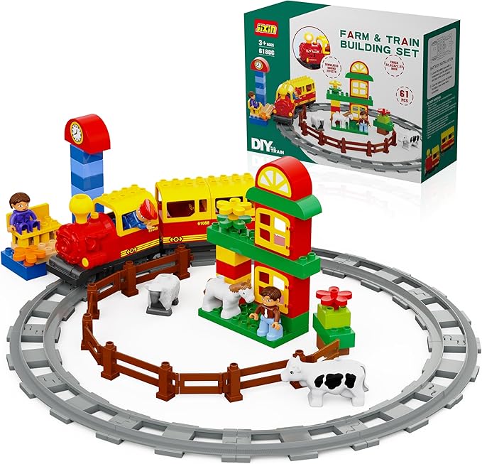 Electric Train Toys w/Farm Animals Set/Toy Trains Set for Toddlers & Kids w/Music, Lights & Tracks, DIY Classic Big Building Blocks Compatible with Lego DUPLO, Gifts for Boys and Girls