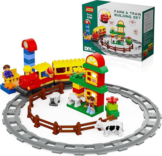 Electric Train Toys w/Farm Animals Set/Toy Trains Set for Toddlers & Kids w/Music, Lights & Tracks, DIY Classic Big Building Blocks Compatible with Lego DUPLO, Gifts for Boys and Girls