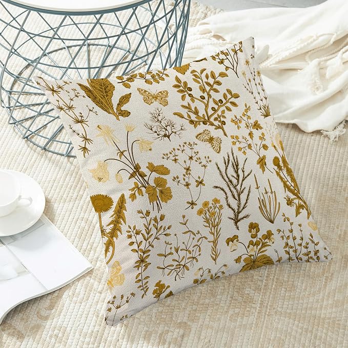 AEIOAE Summer Pillow Covers 20x20 Inch Set of 2,Mustard Yellow Wild Flower Plant Throw Pillows Case,Seasonal Floral Outdoor Decorative Square Linen Farmhouse Decor Cushion Covers for Home Couch