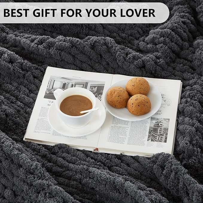 L'AGRATY Chunky Knit Throw Blanket for Couch, 40 x 50 Inches, Dark Grey | Handmade Chenille Crochet Blanket for Sofa Bed, Thick Cable Knitted Blankets for Room Home Decor, Birthday Gift for Women Mom