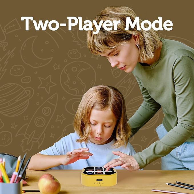 3-in-1 Electronic Tic Tac Toe Game, Handheld Travel Toy with Silent Mode, Fun for Kids and Adults, Yellow