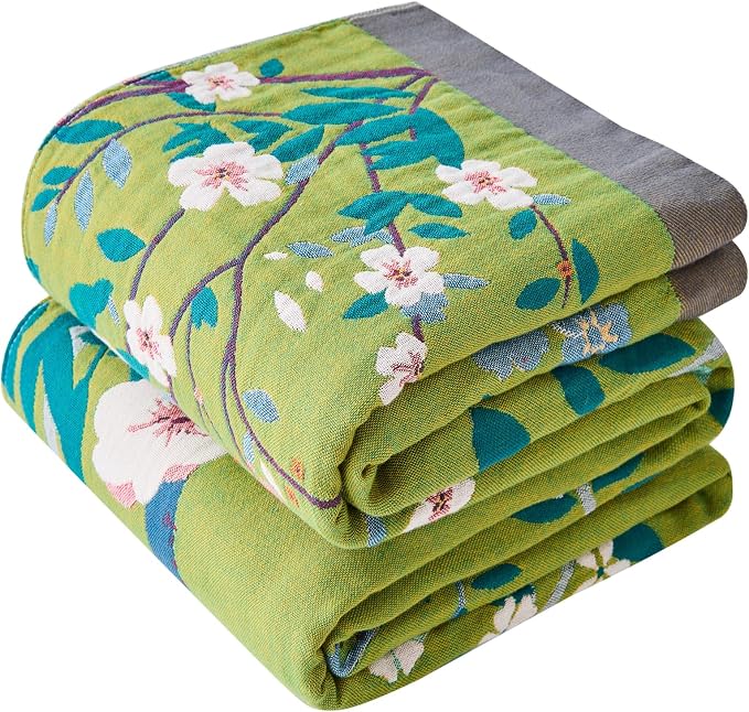 Boho Throw Blanket Farmhouse Decor Throw Blanket Bohemian Blanket for Bed 100% Cotton Muslin Woven Couch Blanket All Seasons Quilt Bedroom (I-Green, 50"x60")