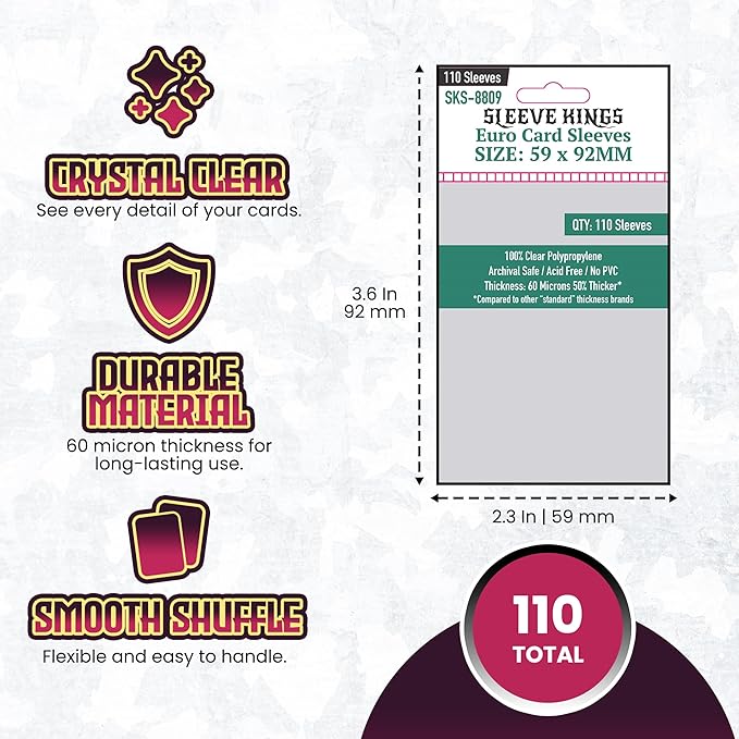 Sleeve Kings Standard Card Sleeves – 110 Count, Clear 60 Micron Thickness, Medium Euro Size (59 x 92 mm), Compatible with Dominion & More – SKU: SKS-8809