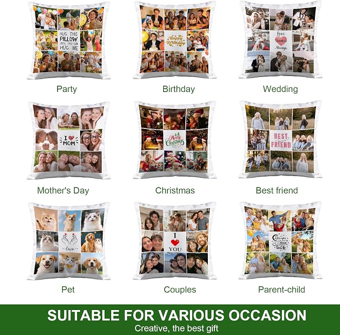 Bemaystar Custom Pillow with Picture & Text, Ships Next Day, Made in USA - Personalized Pillow Picture- Personalized Gifts for Mothers Day, Decorative Throw Pillow (No Insert)-8 Photos