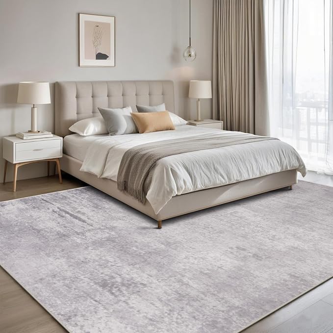 Srugn Washable Rugs 8x10 Area Rugs for Living Room,Modern Abstract Rugs for Bedroom,Large Carpets,Ultra Soft Faux Wool Retro Dining Room Rug,Non Slip&Non-Shedding Low Pile Print Rug- Grey