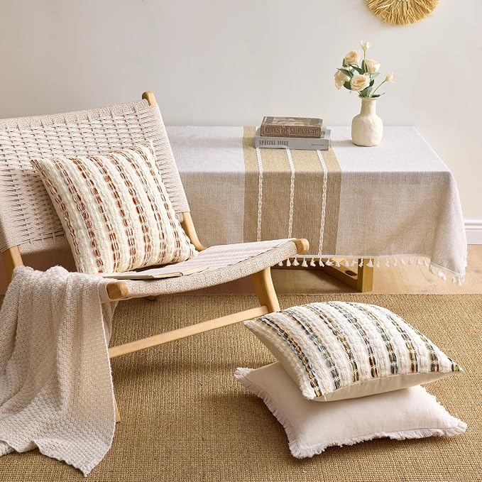 ANRODUO Boho Chenille Decorative Pillow Covers 20x20 Inch Set of 2 Orange | Textured Tufted Stripes Woven Cushion Case, Farmhouse Accent Neutral Pillowcase for Couch Sofa Bed Living, Room Decor