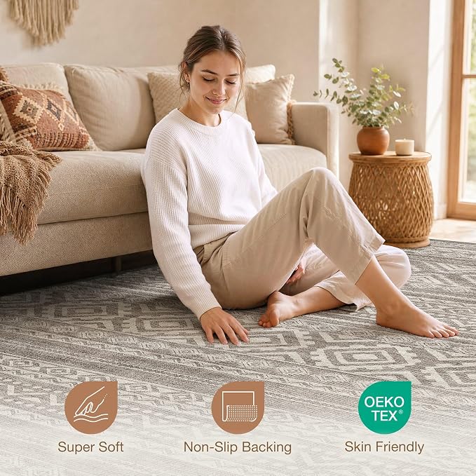 cotiled 5x7 Area Rugs Living Room Rug: Washable Boho Rugs with Non Slip Backing Large Soft Indoor Stain Resistant Carpet for Bedroom Farmhouse Dining Room Lightweight Home Decor Coffee Brown
