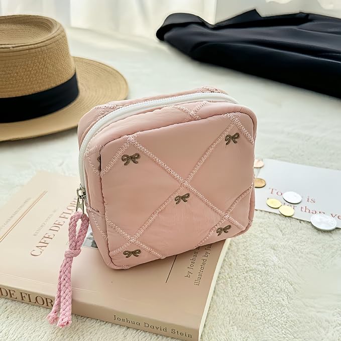 Small Makeup Bag | Discreet Period Bag Pad Pouch for Purse| Sanitary Napkin Storage & Tampon Holder for Travel (Quilted bow beige)