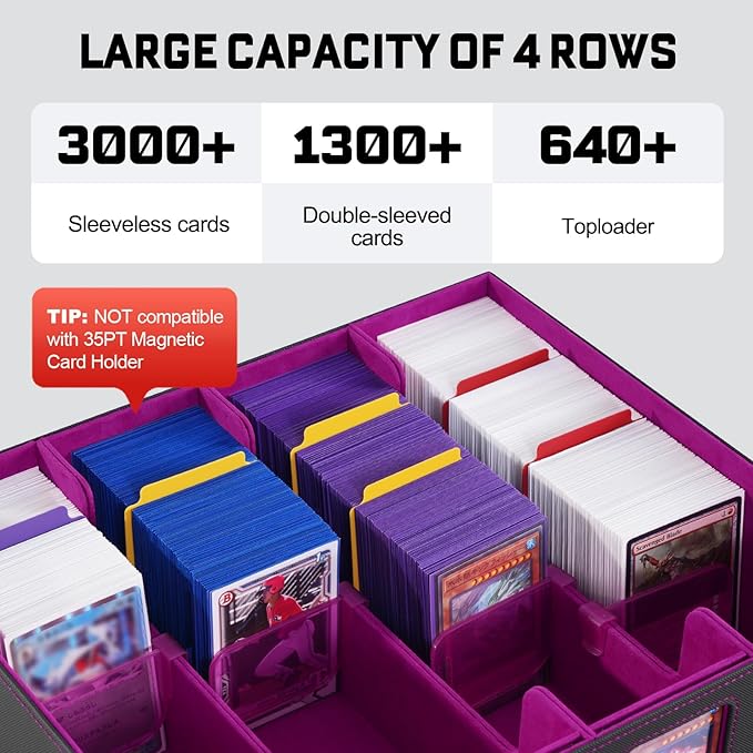ZLCA MTG Storage Box 4-Row with Handle, MTG Deck Box Holds 3000+ Trading Cards with Portable Handle Dice Tray, Commander Storage Card Case for Top Loaders TCG PTCG Sport Card(Black&Purple)