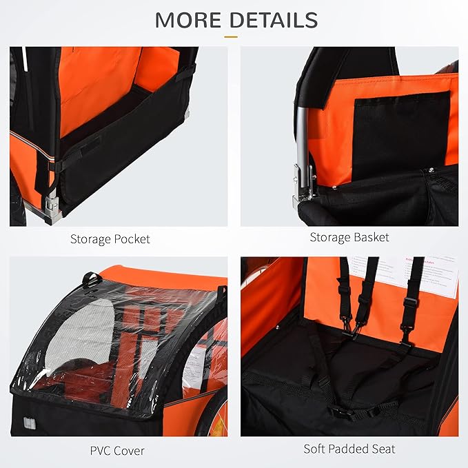 Aosom 2-Seat Child Bike Trailer for Kids with a Strong Steel Frame, 5-Point Safety Harnesses, & Comfortable Seat