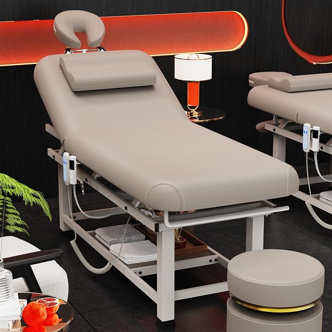 Olela Electric Heated Massage Table - Stationary Massage Table with Heating Function and Storage, Treatment Table with Electric Lift & Manual Adjustable Backrest, Metal Frame for Massage, Spa So On