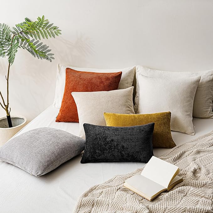 a moment Pack of 2 Decorative Chenille Throw Pillow Covers with Twill Cushion Covers for Sofa Living Room Couch Bed 22x22 Inch Black