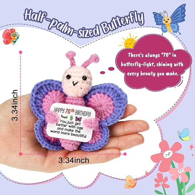 70th Birthday Gifts for Women, Tiny Crochet Butterfly Plush with Pink Purple Wings Holding Positive Note, Happy 70th Birthday Decoration & Gift for 70 Year Old Women