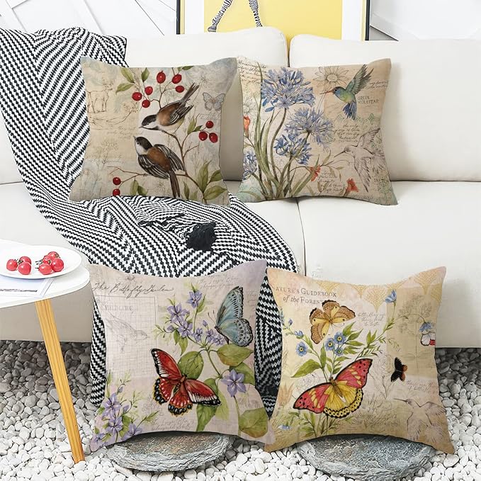 wyooxoo Farmhouse Pillow Covers 18x18 Set of 4 Spring Summer Throw Pillow Covers Linen Flower Butterfly Bird Decorative Pillowcases for Sofa Couch Living Room Outdoor