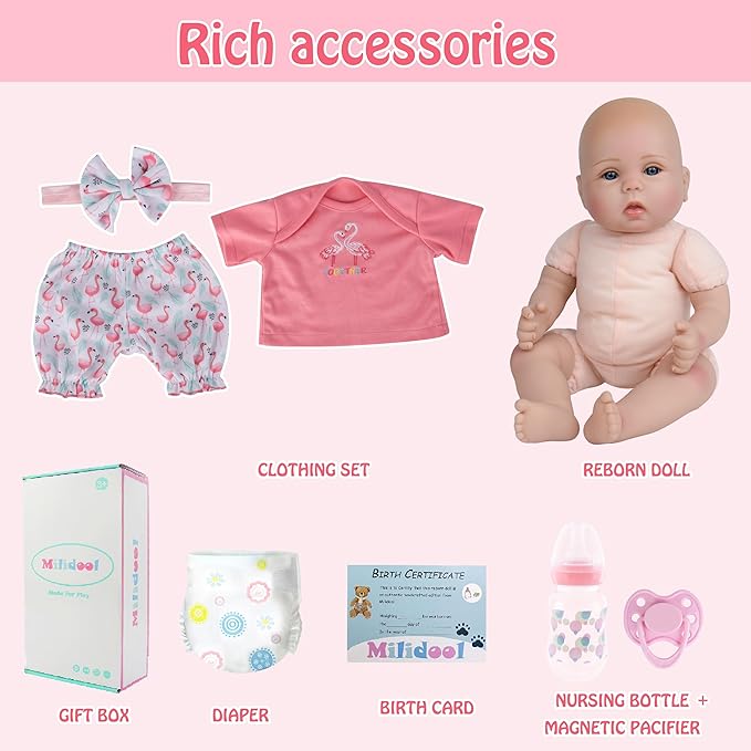 Milidool Realistic Reborn Baby Dolls Girl - Realistic Baby Dolls Girl Real Looking 18 inch Doll with Soft Poseable Body, Lifelike Newborn Baby Doll, Kids Gift for 3+ Years Old