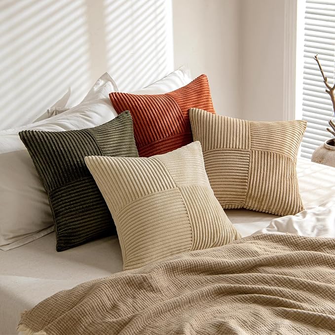 MIULEE Rust-Olive Green Decorative Throw Pillow Covers 20x20 Inch Set of 4 Boho Color-Clash Cushion Cases Farmhouse Pillow Cases Corduroy Striped Home Decor for Couch Sofa Living Room Bed