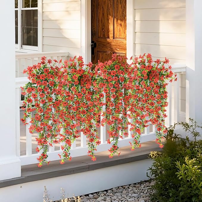 Artificial Fake Hanging Flowers Plants for Outdoor Spring Summer Decoration | 2 PCS Faux Silk Daisy with Eucalyptus Leaves,UV Resistant Look Real for Outside Home Planter Porch Patio Balcony Yard Decor