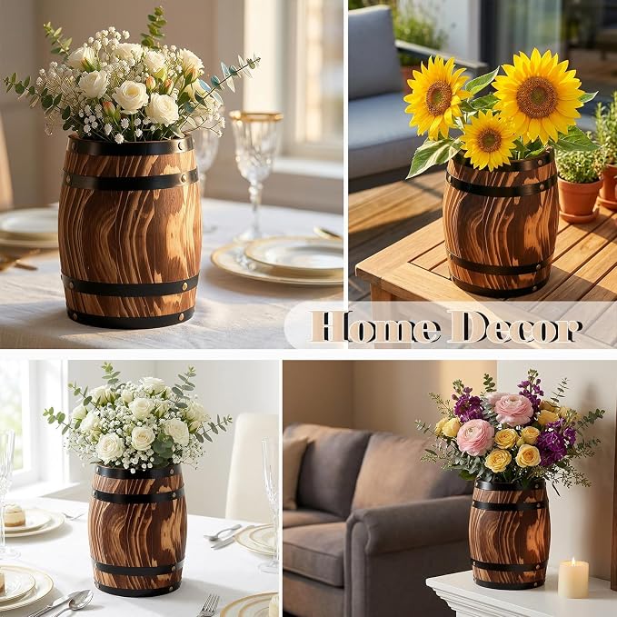 4Pcs Ippoulas Wooden Wine Barrel Planters 8" x 6.5" - Set of Rustic Wood Vases for Flowers, Centerpieces Decor | Wine Barrel Wedding, Party, Home Decoration