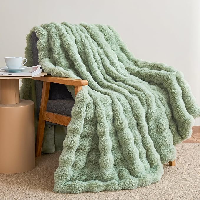Faux Rabbit Fur Throw Blanket for Couch Gifts for Women, 60"x80" Sage Green | Cozy Reversible Fluffy Throw, Luxury Plush Thick Bubble Blanket, Mothers Gifts for Women, Soft Warm for Bed, Home Decor