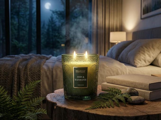 Bellevue Luxury Candles, 12 OZ Soy Blend Candle, Embossed Glass, Fragrances formulated with Essential Oils, Home Fragrances, Scented Candles Gift Set ǀ Scent: Fern & RAINWATER