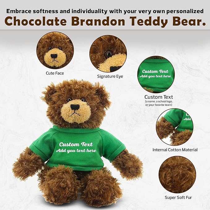 Customized Chocolate Brandon Bear - 12 inch Personalized Stuffed Bear Plush Toy - Perfect Custom Shirt Bear Gift for Graduation Valentines Graduation Easter Holidays (Green Shirt)