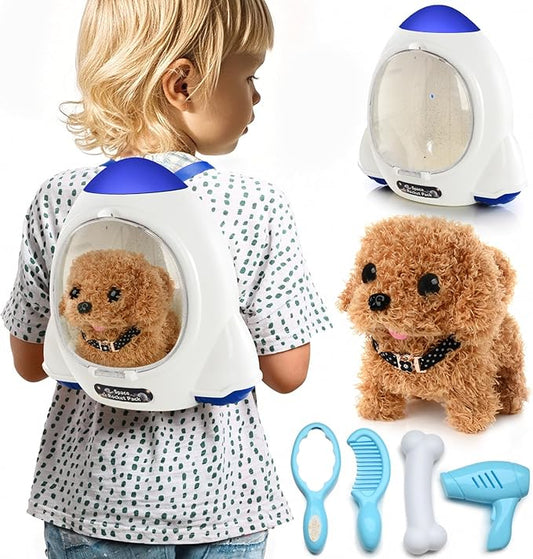 Electronic Interactive Plush Puppy - Battery Operated Mechanical Walking Little Pet Dog with a Cute Bag, Barking, Tail Wagging, Stretching Companion Animal for Toddlers & Kids (Brown)