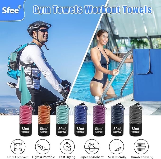 Sfee 2 Pack Microfiber Travel Towel, Quick Dry Towel Camping Towel Large Beach Towel Super Absorbent Compact Lightweight Sports Gym Towels for Gym, Hiking, Pool, Backpacking, Bath, Yoga