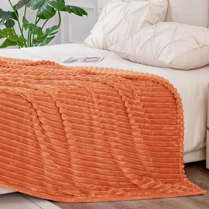 BEDELITE 3D Ribbed Burt Orange Fall Blankets Queen Size for Bed, 90x90 Inch | Soft Warm Decorative Fluffy Blanket, Cozy Fuzzy Lightweight Plush Fleece Throw Blankets for Bed, Room Decor, Gift for Women