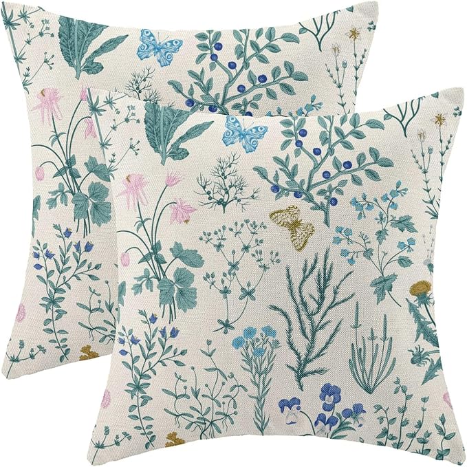AEIOAE Spring Pillow Covers 24x24 Inch Set of 2,Blue Teal Wild Flower Plant Throw Pillows Case,Seasonal Floral Outdoor Decorative Square Linen Farmhouse Decor Cushion Covers for Home Sofa Bed Couch