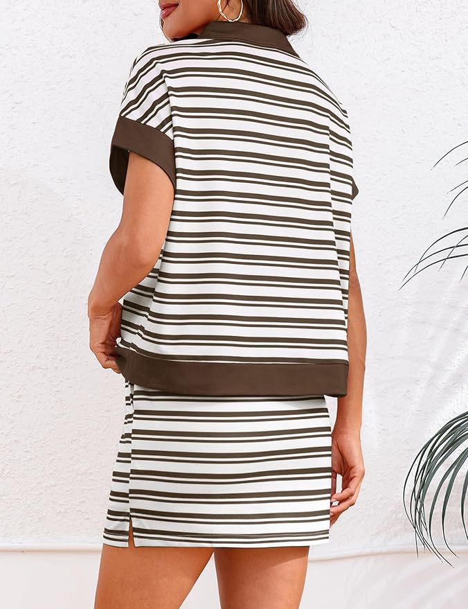 Womens Striped 2 Piece Outfits Skirt Set Summer Casual Short Sleeve Polo Skort Workout Set Matching Lounge Sets