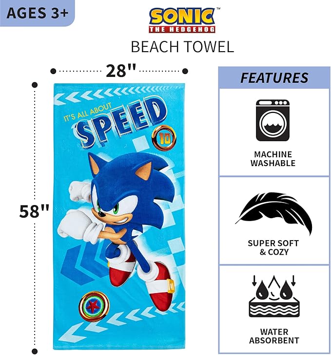 Franco Sonic The Hedgehog Recycled Polyester Beach Towel, 58 in x 28 in, Ready to Run Pattern