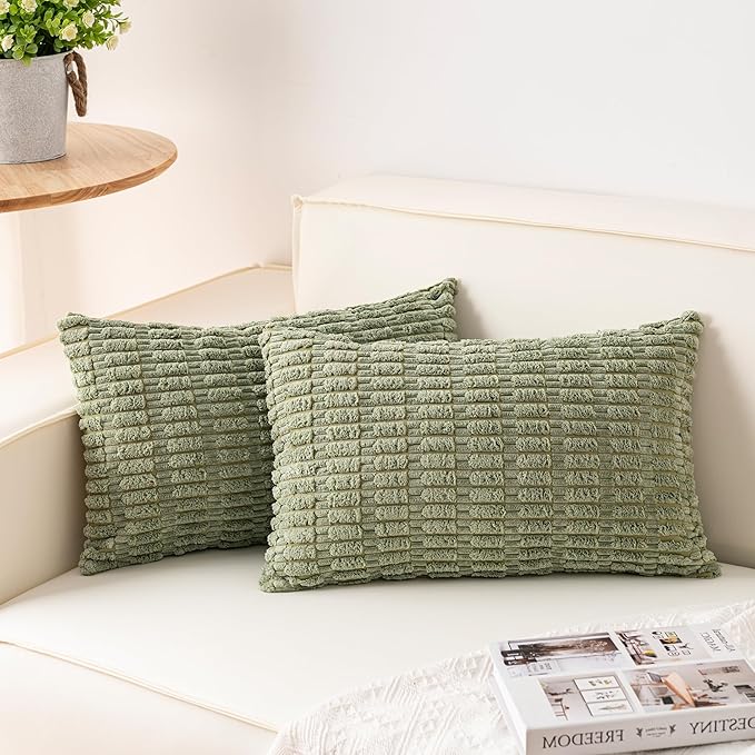 Pack of 2 Corduroy Decorative Throw Pillow Covers 12x20 Inch, Sage Green | Fall Soft Striped Pillow Covers Modern Farmhouse Home Decor Christmas Throw Pillow Covers for Sofa Living Room Couch Bed