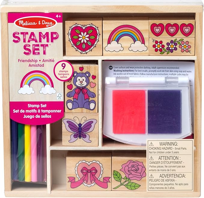 Melissa & Doug Friendship Wooden Stamp Set with 9 Stamps and 2-Color Inkpad - Kids Crafts and Art Supplies for Kids, Arts & Crafts for Ages 4+ - FSC Certified