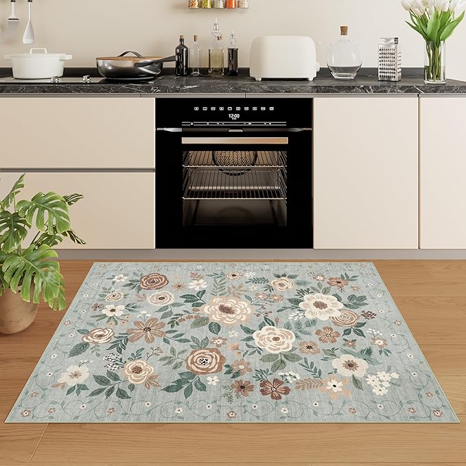 DUKINO 3x5 Area Rug, Floral Washable Rug for Bedroom Non Slip, Sage Green | Soft, Stain Resistant Low Pile Indoor Rug for Entryway, Bedroom, Bathroom, Living Room, Pet Friendly, Home Decor, Lightweight