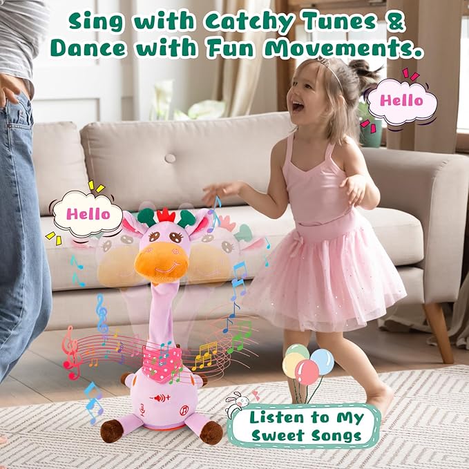 MIAODAM Dancing Giraffe Singing 10 Children's Song, Stuffed Baby Toy Repeats What You Say, Colorful Glowing Plush Interactive Toys (Purple Giraffe)