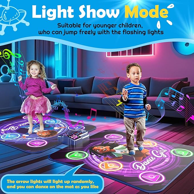 2-Player Electronic LED Light Dance Mat, Music Dance Toy with 5 Modes, Develops Hand-Eye Coordination, Challenge Game for Single or Double Players, Christmas Dance Mat Toy for Boys & Girls Ages 3-12
