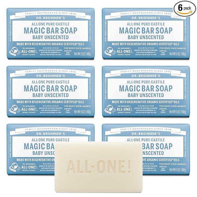 Dr. Bronner's Pure-Castile Magic Bar Soap (Baby Unscented, 5 oz, 6-Pack) - Made with Regenerative Organic Certified Oils, For Face, Body & Hair, Gentle for Sensitive Skin - Vegan, Non-GMO
