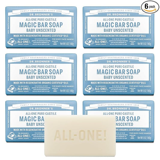 Dr. Bronner's Pure-Castile Magic Bar Soap (Baby Unscented, 5 oz, 6-Pack) - Made with Regenerative Organic Certified Oils, For Face, Body & Hair, Gentle for Sensitive Skin - Vegan, Non-GMO